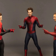 Three unmasked Spider-Men stand in a circle and point and smile at each other.